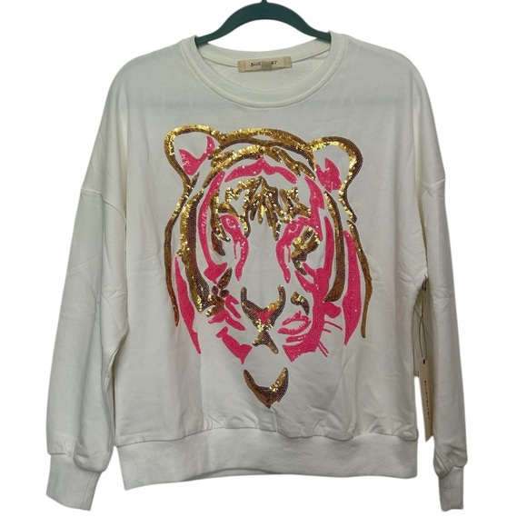 Blue Velvet Tops - Blue Velvet Pink and Gold Sequins Tiger Sweatshirt